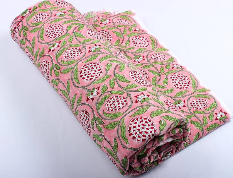 Fabricrush - Wholesale Fabric - Strawberry Pink, Green Indian Hand Block Print Fabric7