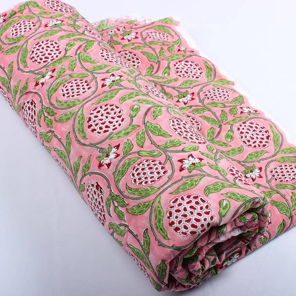 Fabricrush - Wholesale Fabric - Strawberry Pink, Green Indian Hand Block Print Fabric7