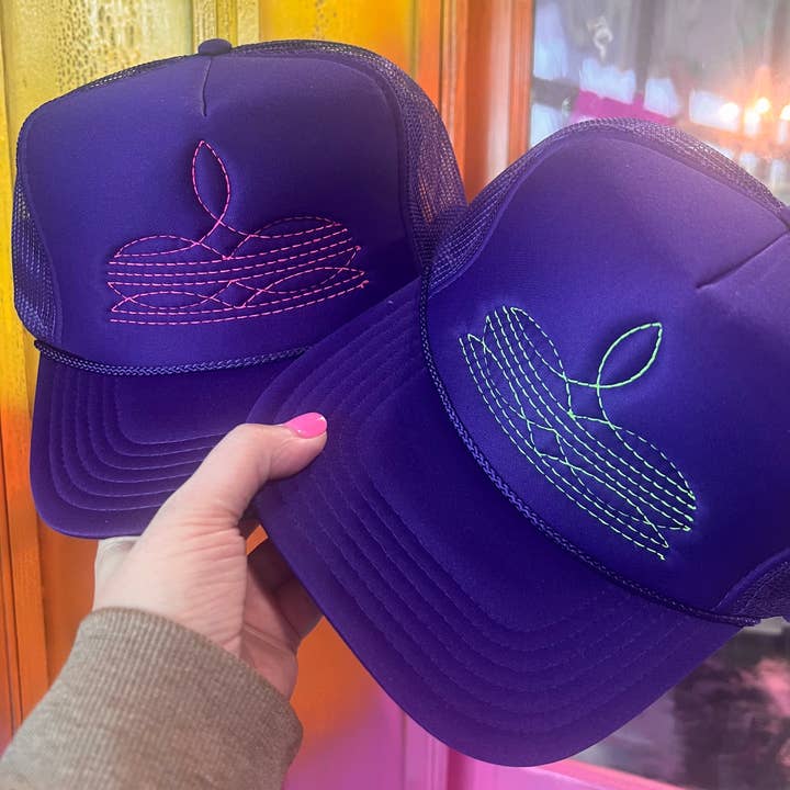 THE LATTIMORE CLAIM - Wholesale Trucker Hat - Women's - Western Boot Stitch Trucker Cap PURPLE - Multiple Thread Color Options