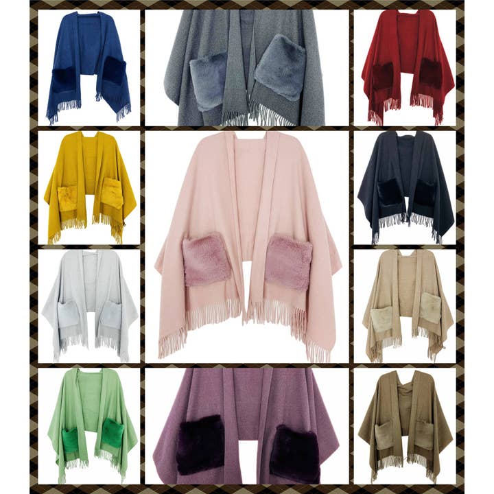 JC Sunny Fashion - Wholesale Scarf - Women's - JC03250101 Cashmere Blend Fur Pocket Scarf/Shawl1