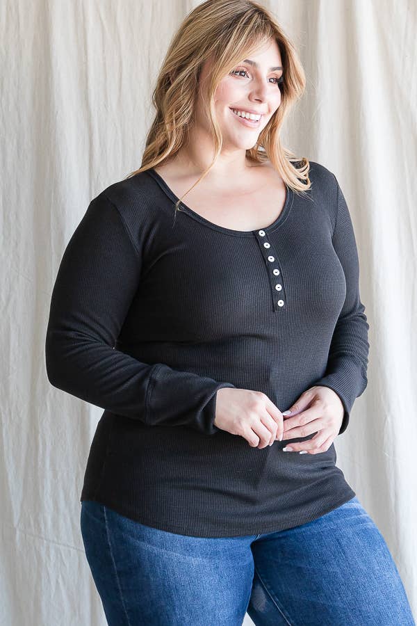 7th Ray - Wholesale Knit Top - Women's - [PLUS SIZE] Thermal Button Front Scoop Neck Top T4316XL6