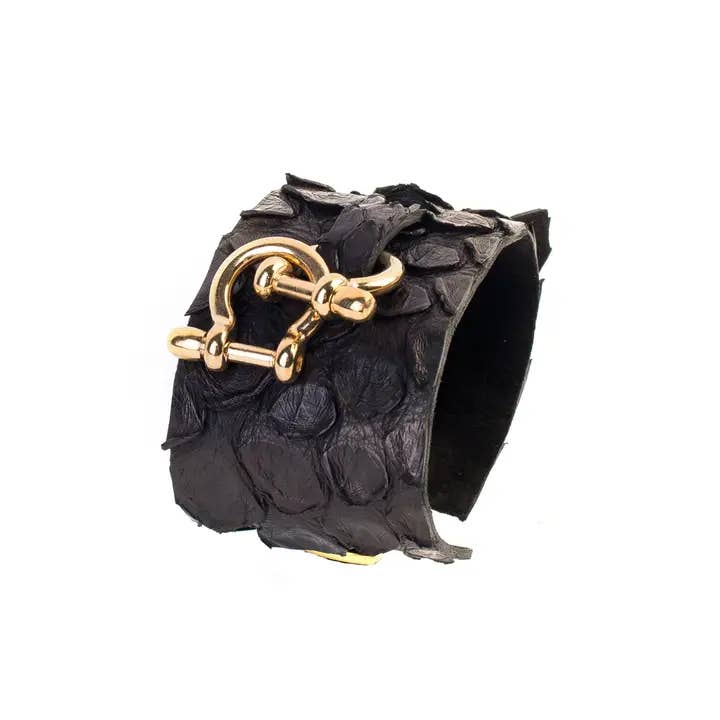 Bold Black Fish Leather Cuff Bracelet with Gold Clasp for wholesale by The Dark