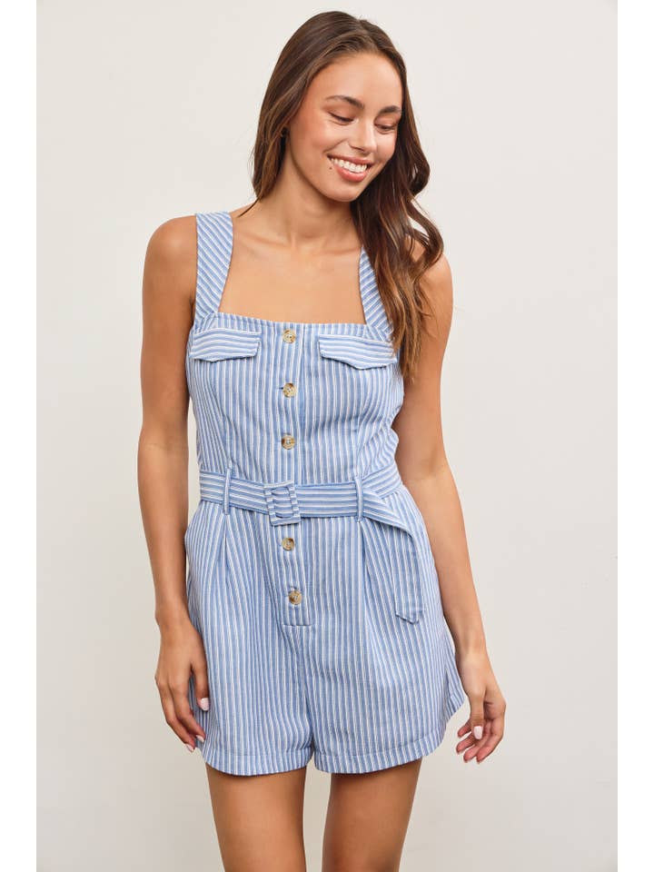 Mustard Seed - Wholesale Romper - Women's - BELTED WAIST BUTTON CLOSURE SLEEVELESS ROMPER