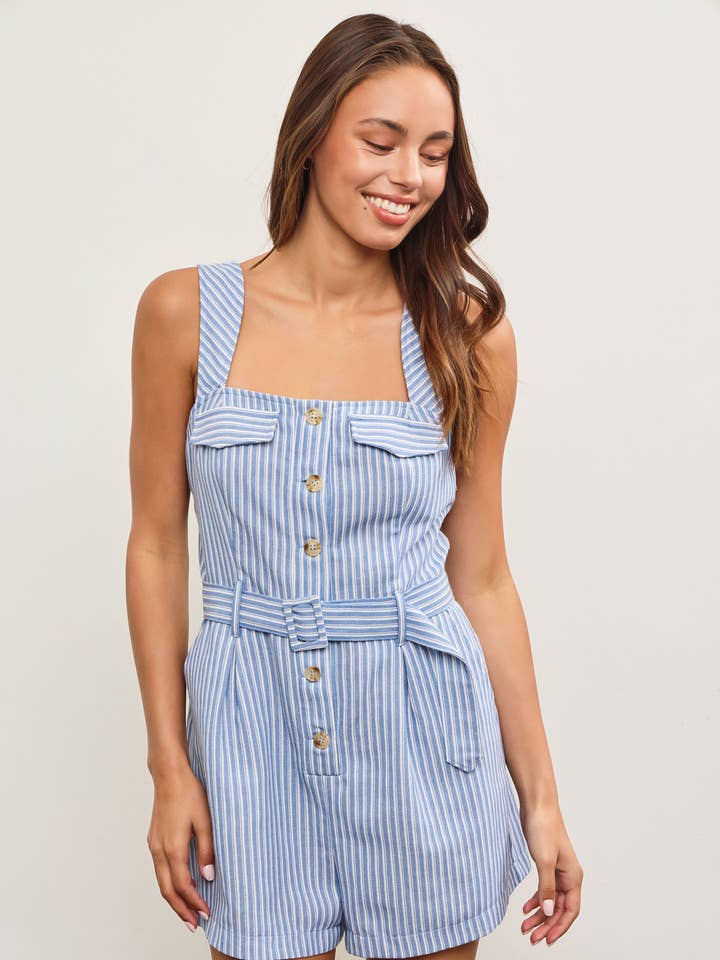 Mustard Seed - Wholesale Romper - Women's - BELTED WAIST BUTTON CLOSURE SLEEVELESS ROMPER
