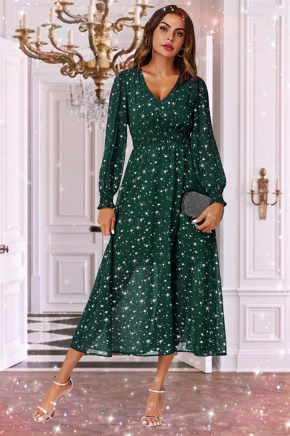 Silver Star Foil Long Sleeve Maxi Dress In Green for wholesale on Faire3