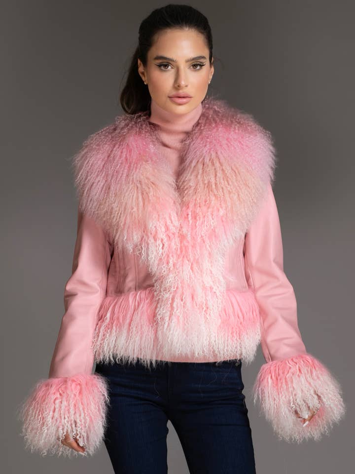 Giacca in pelle rosa ombré con collo in lana mongola per la vendita all'ingrosso da parte di Nuvula