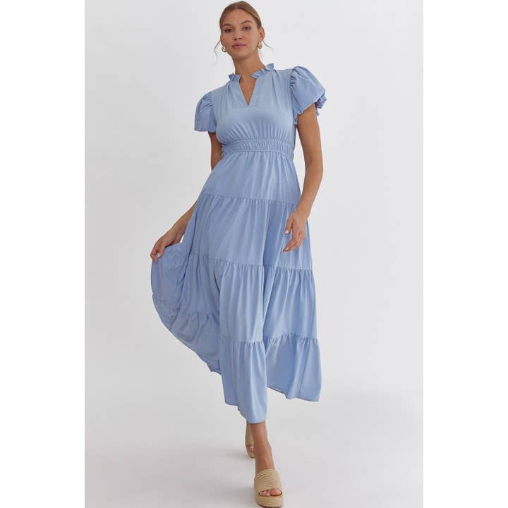 Abito midi a strati con scollo a V tinta unita e maniche a bolle per la vendita all'ingrosso da parte di STYLE USA