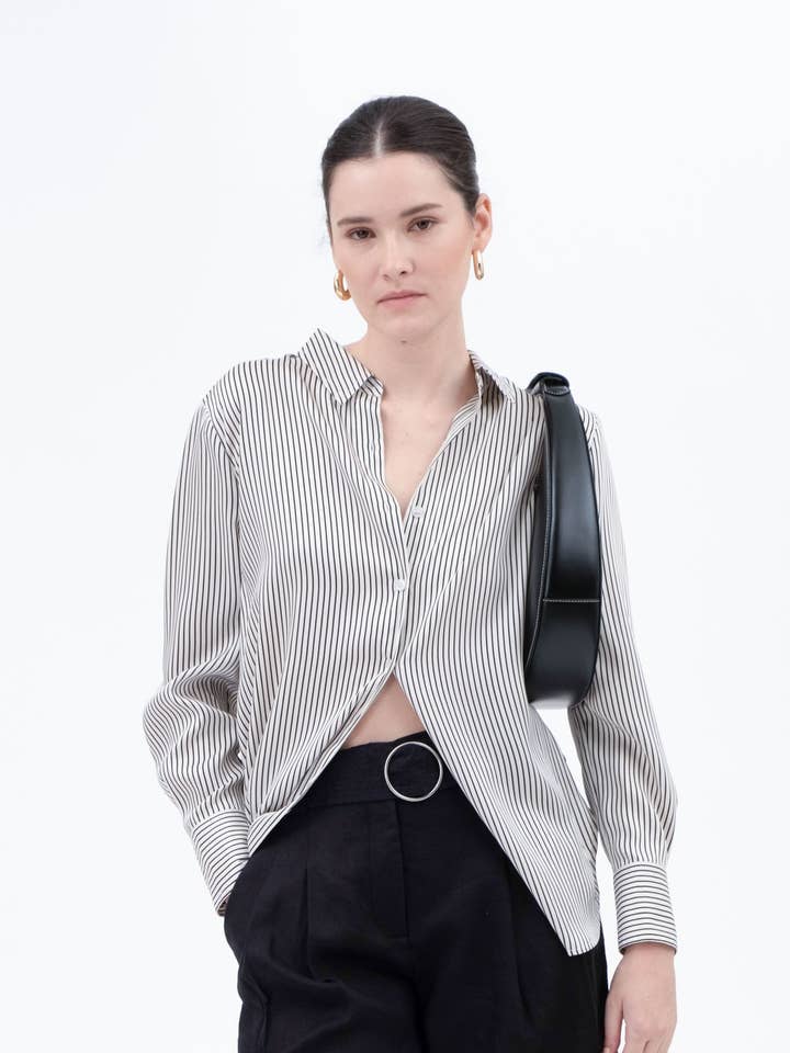 The Workshop Studio - Wholesale Blouse - Women's - PINSTRIPE BUTTON DOWN LONG SLEEVE SATIN BLOUSE