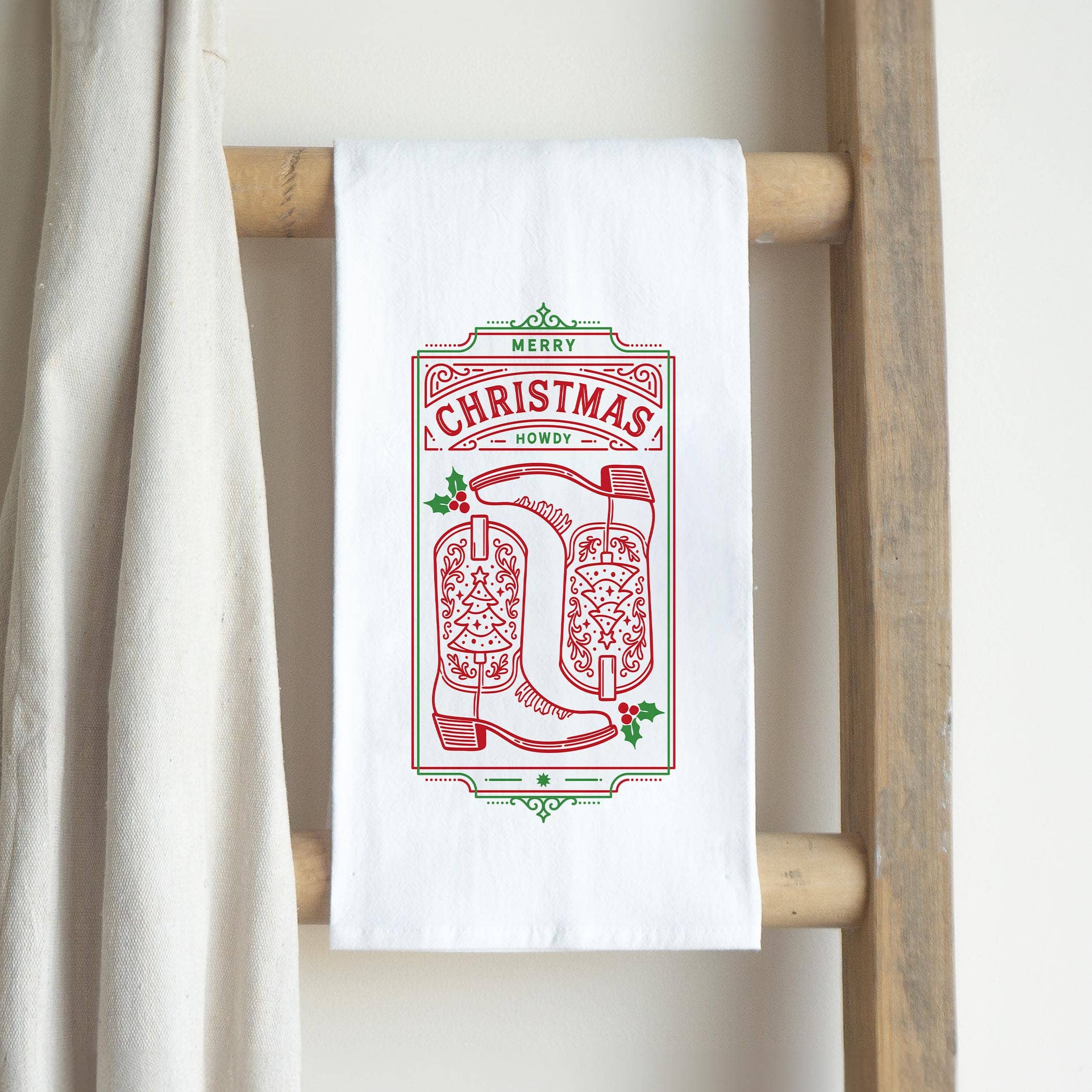 White Cotton Tea Towel White-Western Christmas for wholesale on Faire2