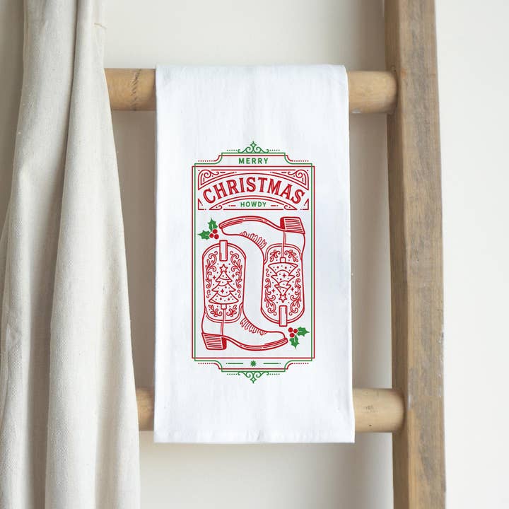 White Cotton Tea Towel White-Western Christmas for wholesale on Faire2