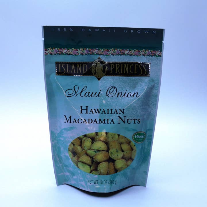 Maui Onion Macadamia Nuts Stand Up Resealable Bag 20oz/12 for wholesale by Hawaiian King Candies