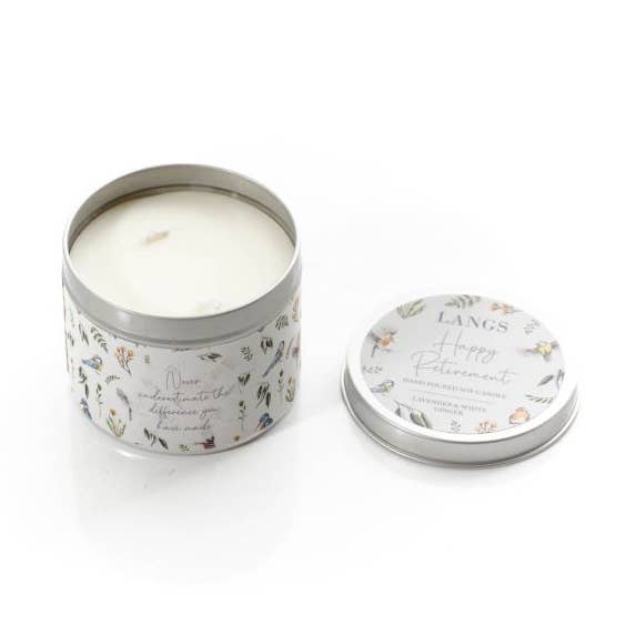 Hand Poured Soy Candle Lavender and White Ginger Fragrance Happy Retirement Tin+
for wholesale by Langs