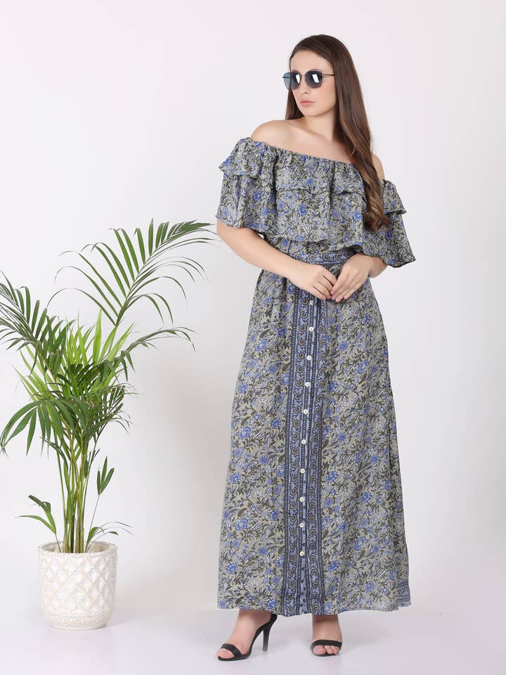 Wevez - Venta al por mayor Vestido - Mujer - Vestido largo boho Beach con estampado floral y hombros descubiertos para mujer1