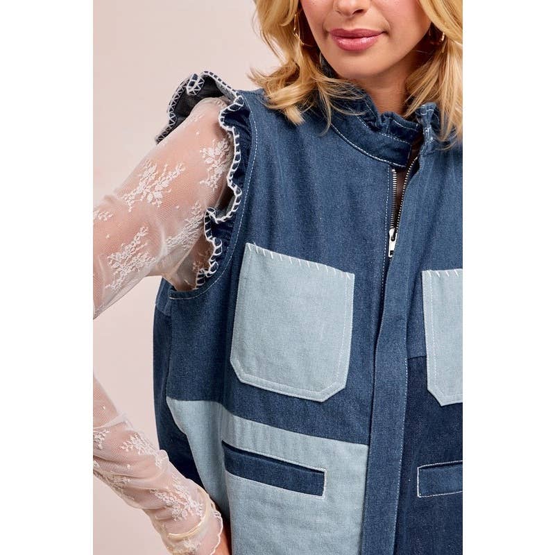 Washed Denim Vest With Block And Shirring Details for wholesale on Faire8
