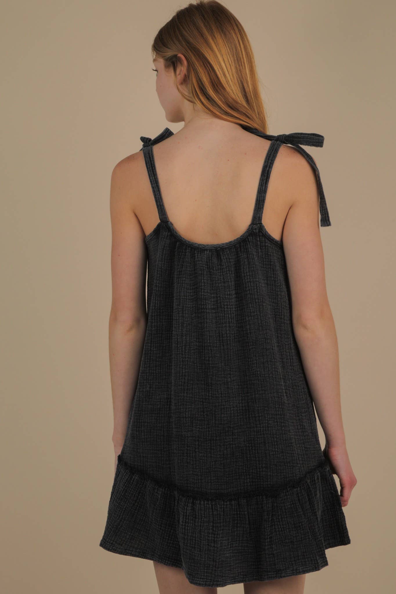 VERY J - Wholesale Dress - Women's - ND31743-Mineral Washed Shoulder Tie Mini Dress9