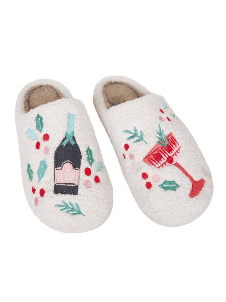 White Christmas Champagne, Coupes & Holly Slippers for Women for wholesale on Faire