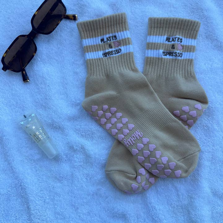 MollyGraceGripSocks - Wholesale Socks - Women's - PILATES & ESPRESSO tan grip sock with pink heart grips 4