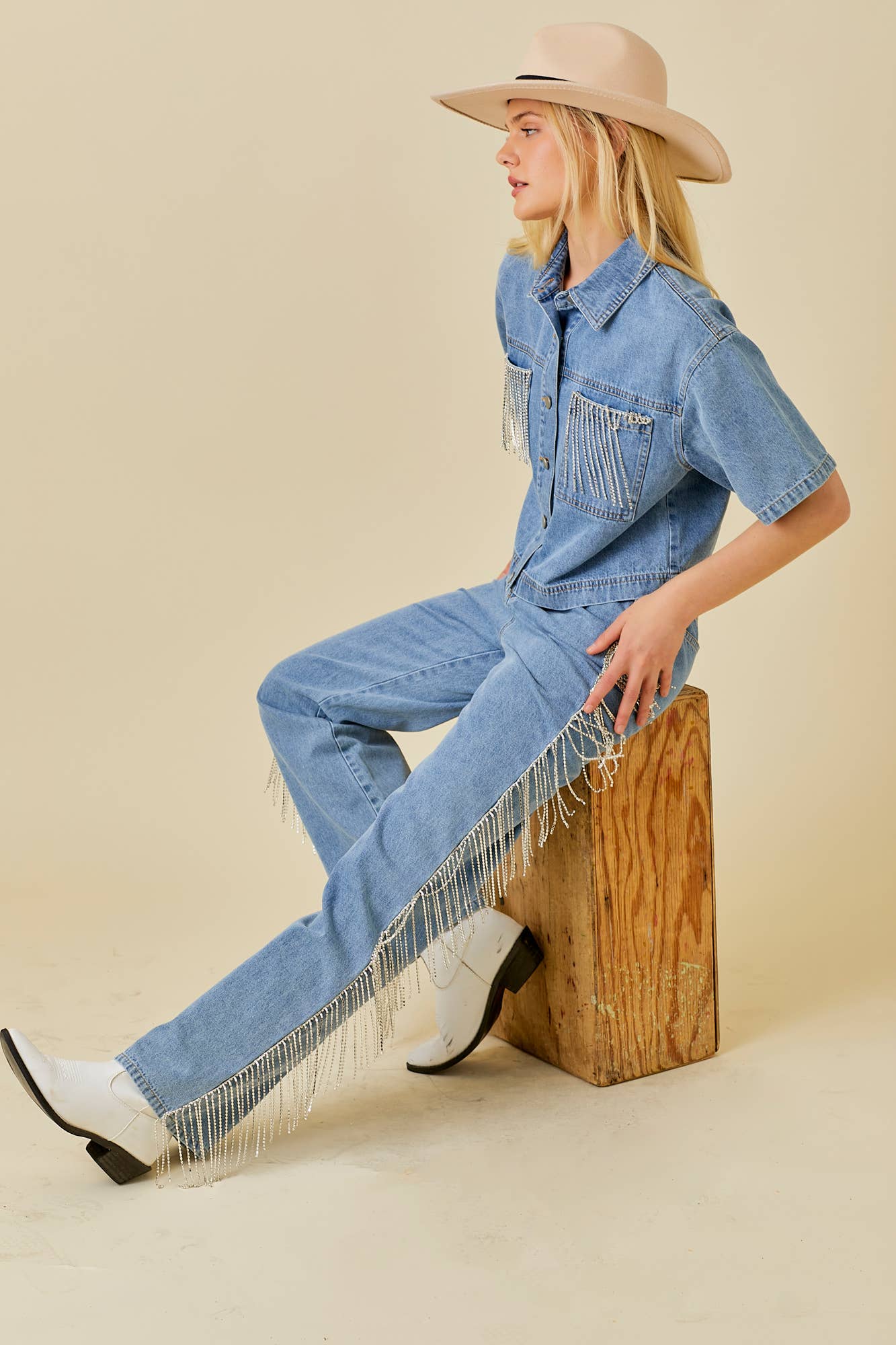 Side And Back Rhinestone Fringe Trim Denim Pants for wholesale on Faire15