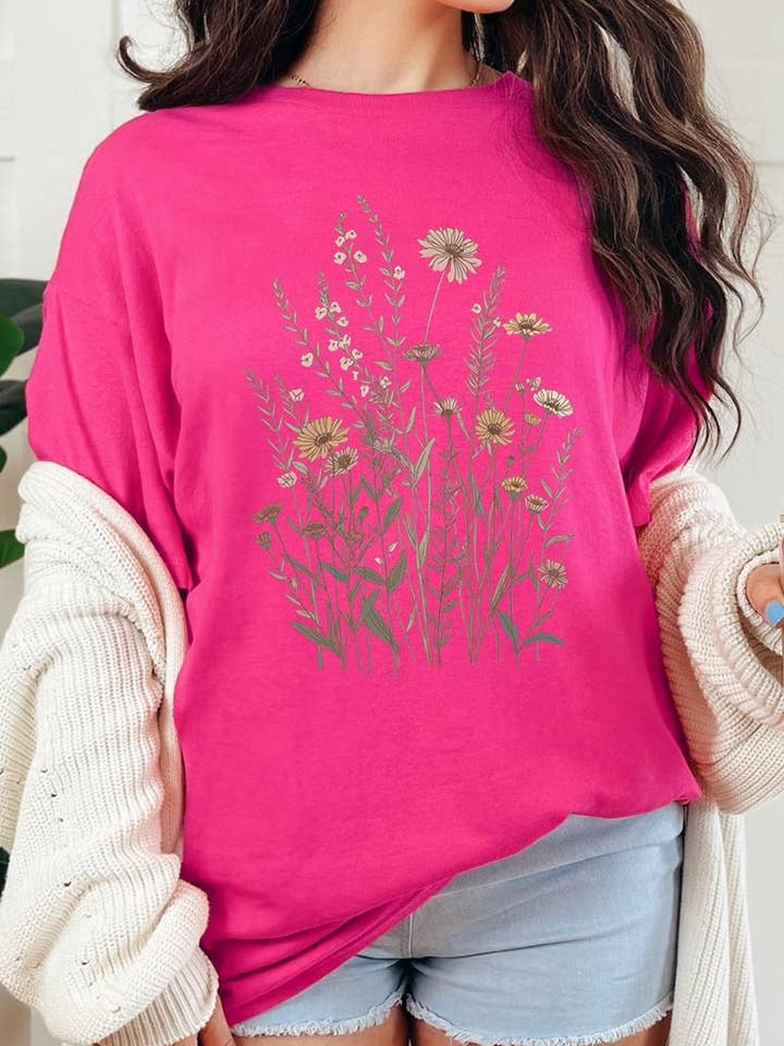 Minimal Wildflower Graphic Heavy Cotton Tee for wholesale by Pink Irene Wholesale
