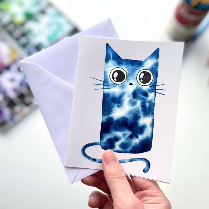 Blue Galaxy Cat Watercolor Greeting Card – Space Theme Cat for wholesale by Owlfeathers Watercolor