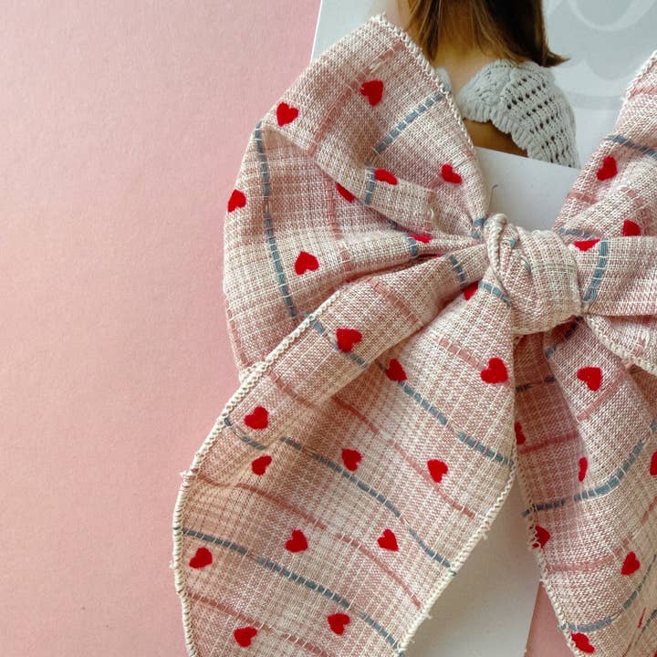 POINTED BIG BELLE CLIP: plaid flocked heart for wholesale by Baby Bling Bows