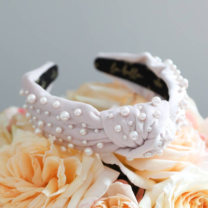 Blush Pink Velvet & Rose Pearl Knotted Headband for wholesale by La Bella