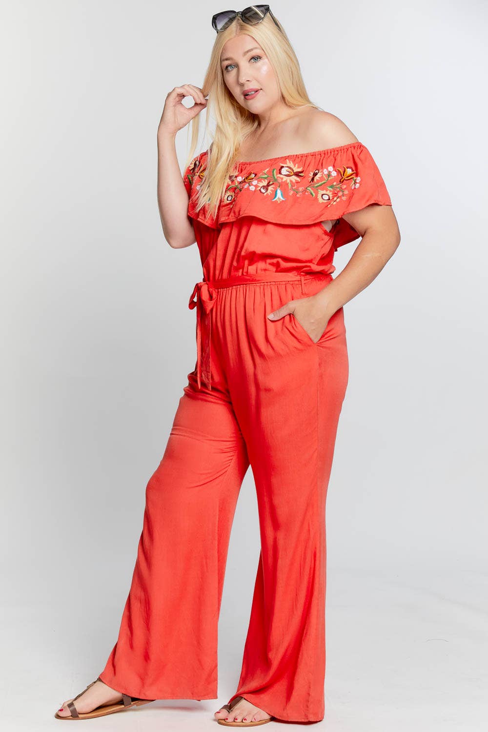 Davi & Dani - Wholesale Jumpsuit - Women's - PLUS SIZE FLORAL EMBROIDERED OFF SHOULDER JUMPSUIT4