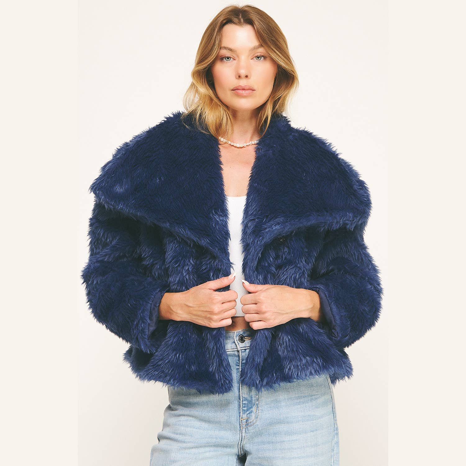 LUXE NAVY FAUX FUR CROPPED JACKET for wholesale on Faire1
