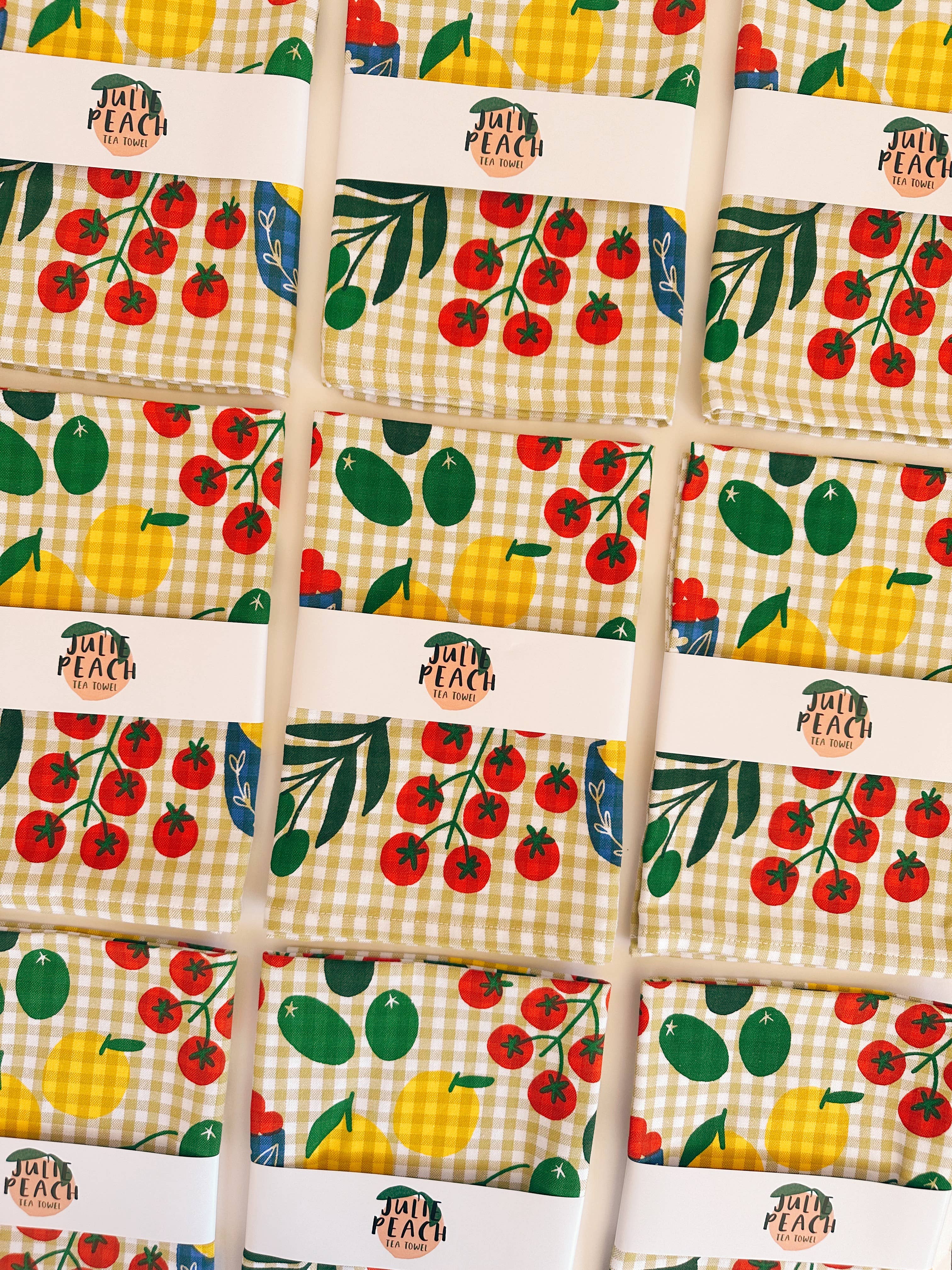 Julie Peach - Wholesale Tea Towel - Mangia! on Gingham1