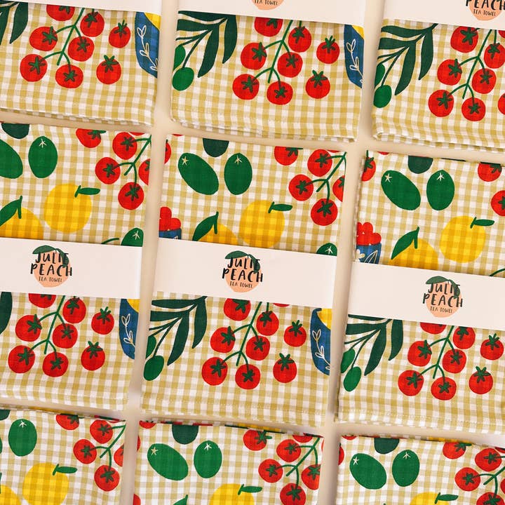 Julie Peach - Wholesale Tea Towel - Mangia! on Gingham1