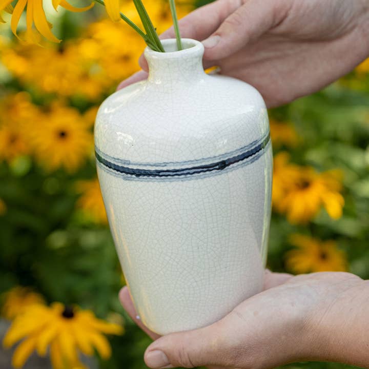 Edaline Vintage Crackle Ceramic Blue Stripe Taper Jug Vase for wholesale by Foreside Home & Garden