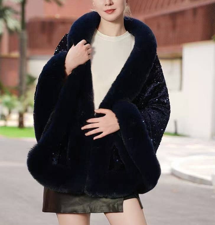 PEACH ACCESSORIES - Wholesale Cape - Women's - Elegant Sequin Cape Wrap with Plush Faux Fur PE4006
