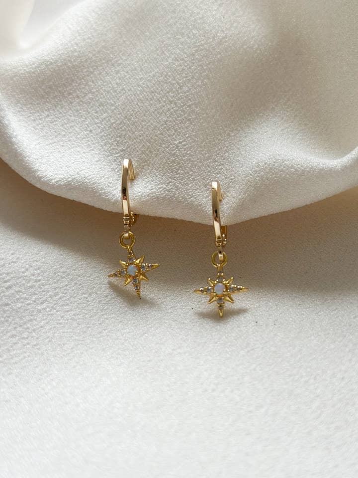 18k Gold North Star Opal Huggie Hoop Earrings for wholesale by Ellis Grey Jewellery