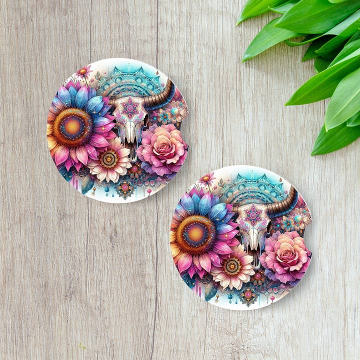 Boho Cow Skull Car Coasters, Set of 2, Neoprene Absorbent for wholesale by Uniquely Designed By Rebecca