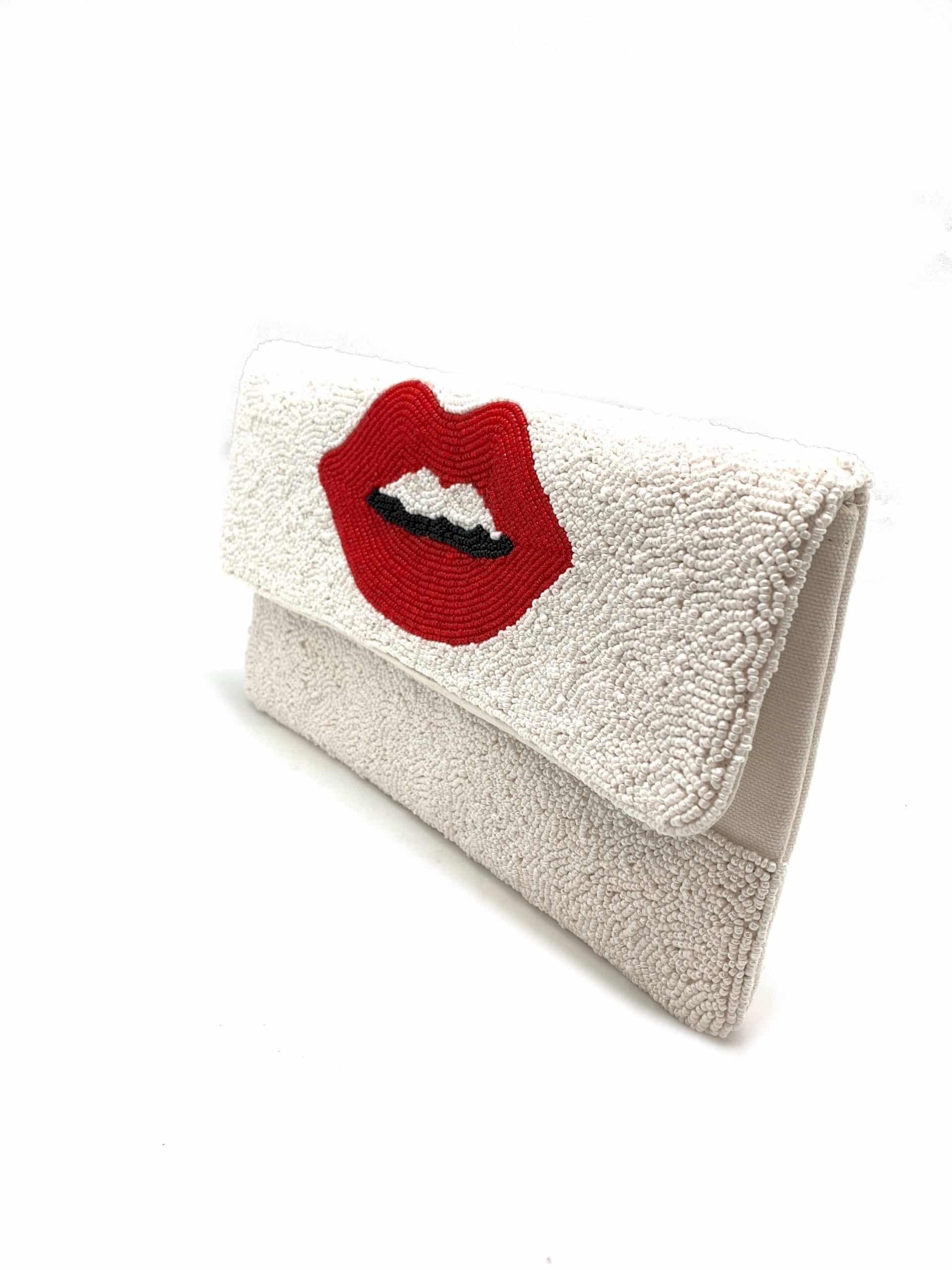 Pizzazz, Inc. - Wholesale Clutch Bag - Women's - White Beaded Clutch With Red Lips1