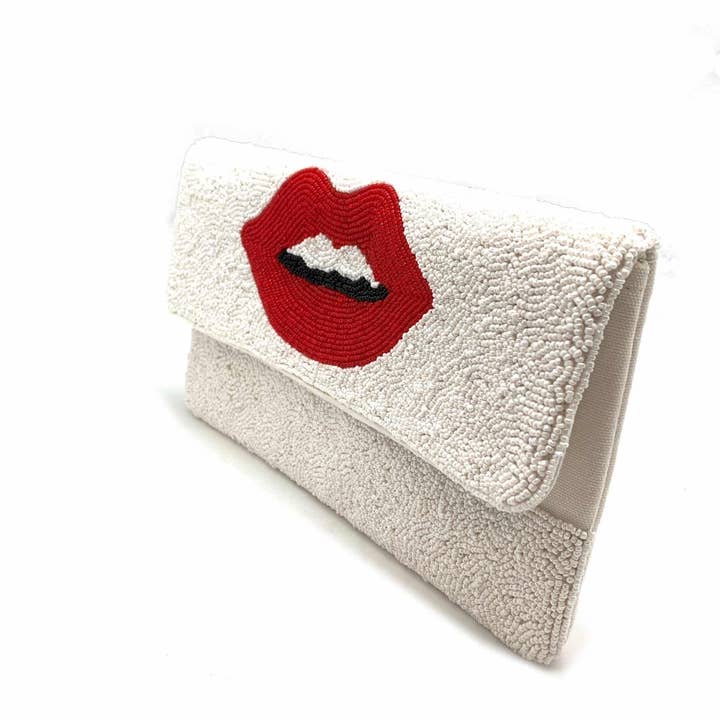 Pizzazz, Inc. - Wholesale Clutch Bag - Women's - White Beaded Clutch With Red Lips1