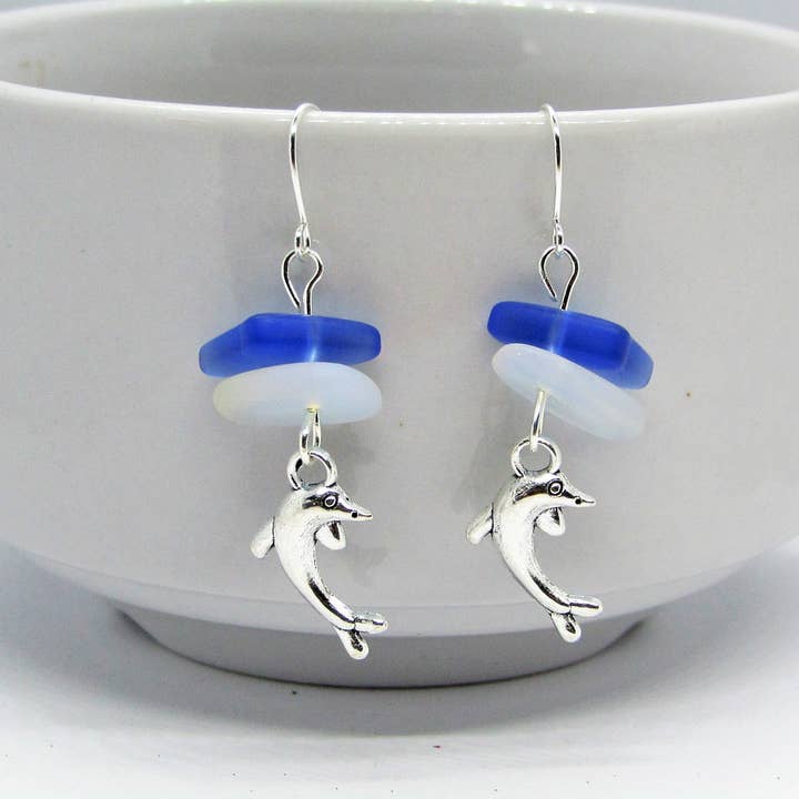 Bad Apple Designs - Wholesale Dangle Earrings - Dolphin Earrings with Sea Glass, Moonstone & Sapphire1