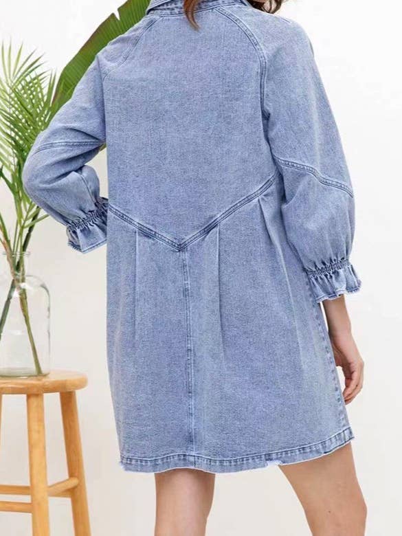 HIDDENBRAND - Wholesale Dress - Women's - Balloon sleeve denim shirt mini dress10