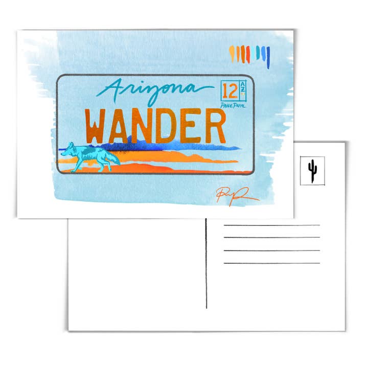 „Vandre“ Arizona nummerplade postkort for engroshandel hos Paige Poppe Art