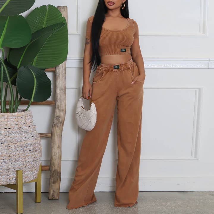 Rosa Clothing - Wholesale Top & Pant Set (NOT Loungewear) - Women's - Sexy U-Neck T-Shirt Wide-Leg Pants Two-Piece Set