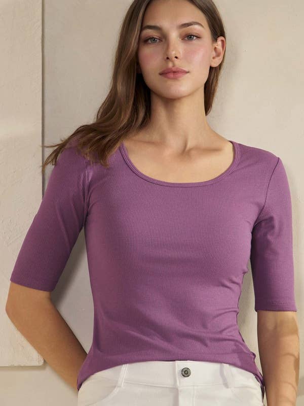 Pure Comfort Modern Mid Sleeve Ribbed Fitted Top for wholesale by Yelete