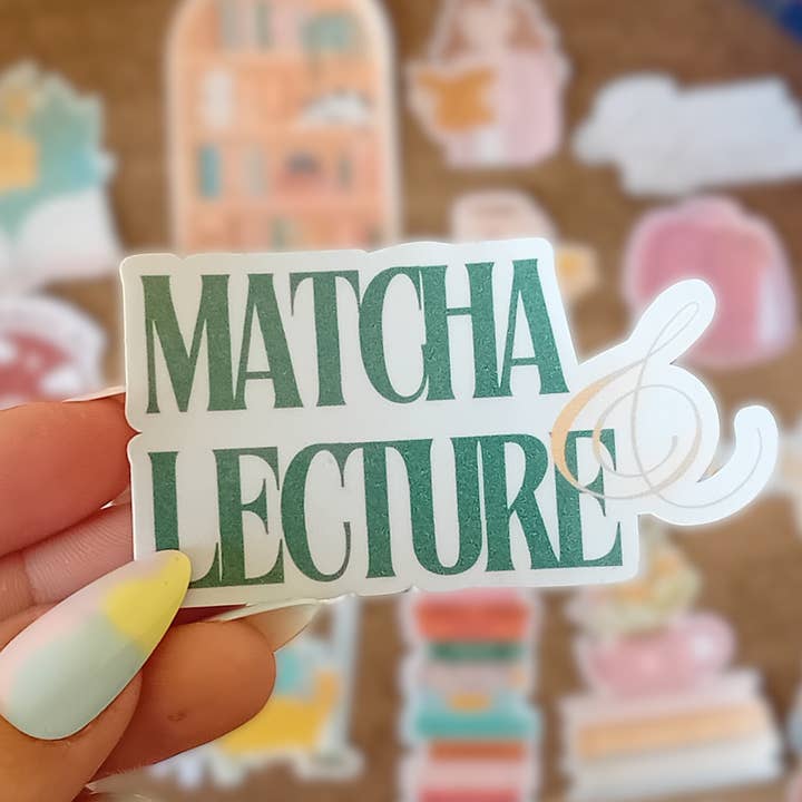 Waterproof Holographic Sticker - Text "Matcha & Reading" for wholesale by La baleine qui embosse