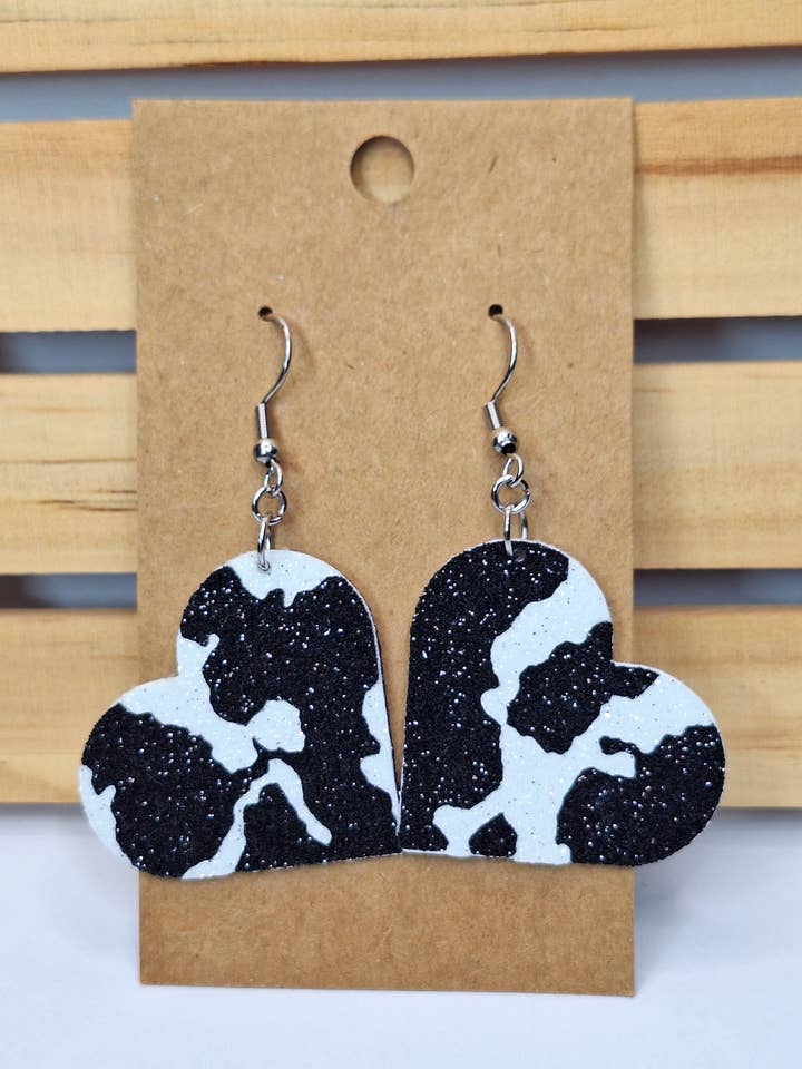 Cow Print Heart Earrings, Black Cow Earrings, Rodeo Earrings for wholesale by Sunshine Crafts