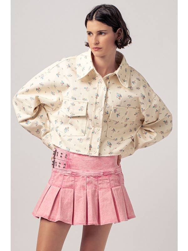 Urban Daizy - Wholesale Jacket - Women's - Floral Print Button Front Raw Hem Cotton Utility Jacket3