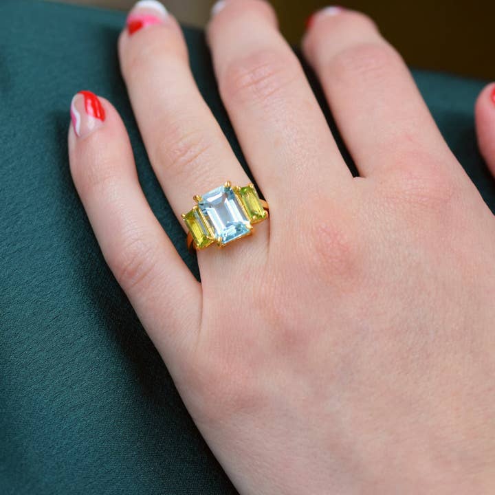 Gem Bazaar Jewellery - Wholesale Cocktail/Statement Ring - Blue Moon Ring In Blue Topaz, Peridot & Gold Vermeil