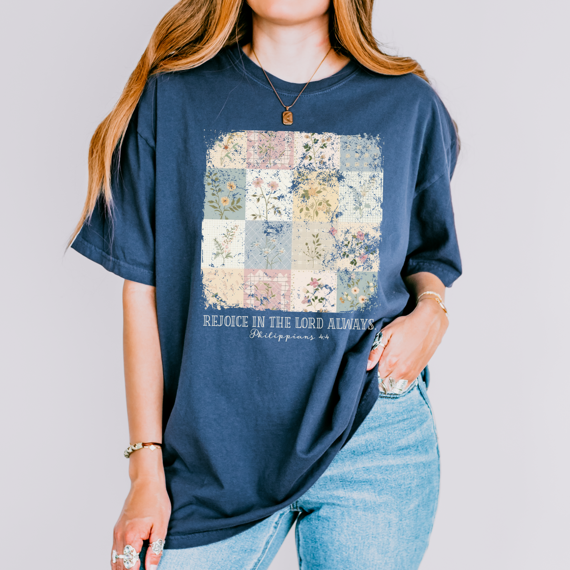 Scripted Pearl - Wholesale Screen Printed T-Shirt - Women's - Rejoice In The Lord Always Vintage Floral Comfort Colors Tee9