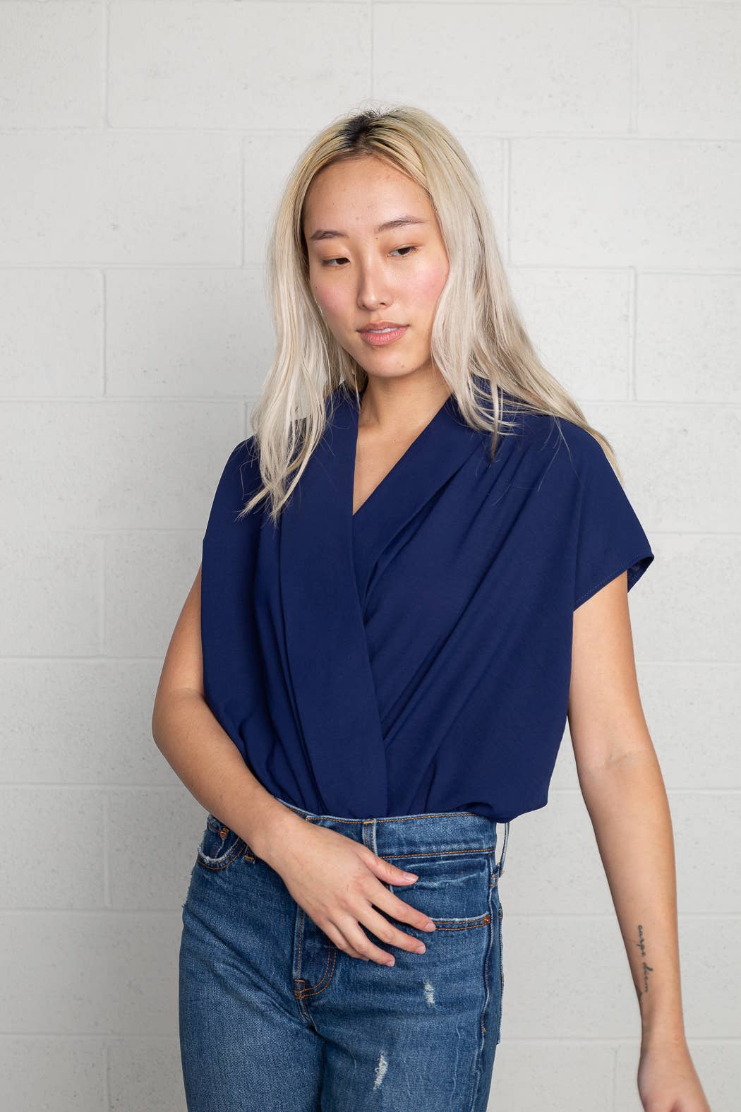 Navy Wrap Front Shawl Collar Bodysuit  for wholesale on Faire2