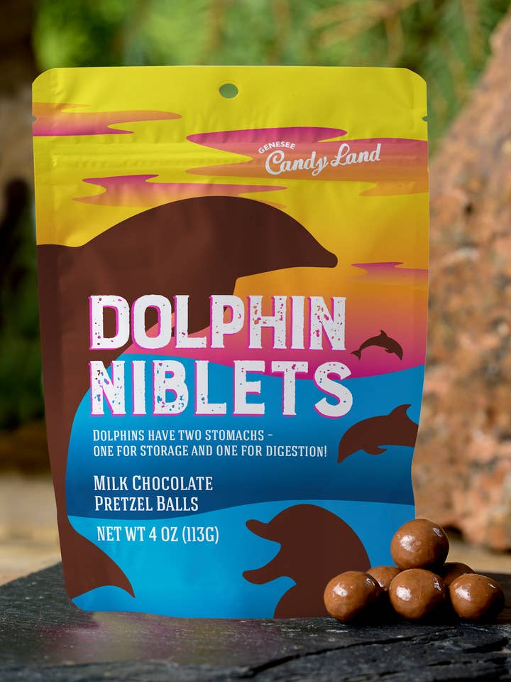 Dolphin Niblets (milk chocolate pretzel balls) for wholesale by Genesee Candy Land