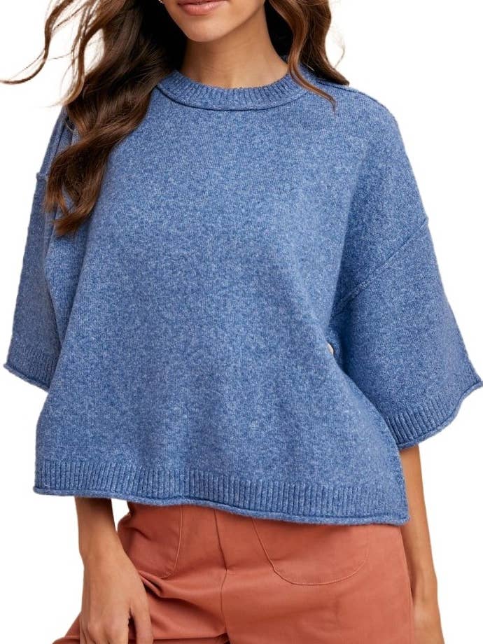 Melange Løs Pasform Kortærmet Sweater Top for engroshandel hos Vanilla Monkey