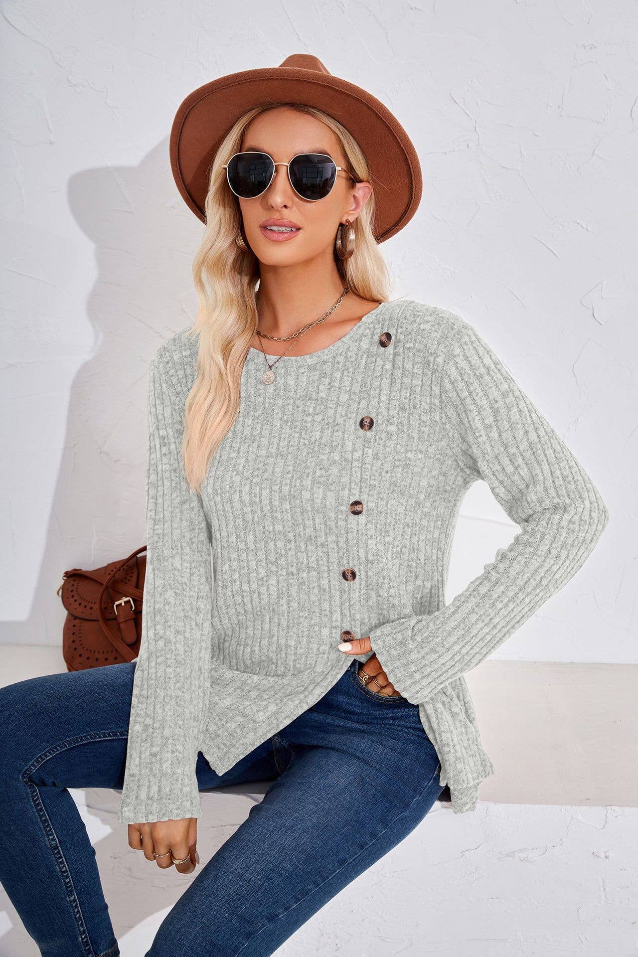 Lily Clothing - Vente Tunique – femme - T-SHIRT AMPLE À COL ROND ET BOUTONNÉ À MANCHES LONGUES15